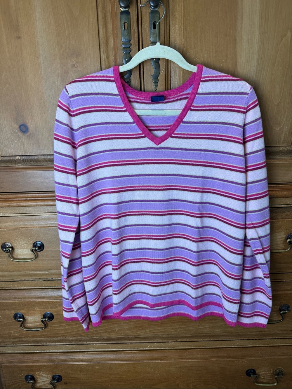 Basic Editions Striped V-Neck Sweater in Pink and Mint
